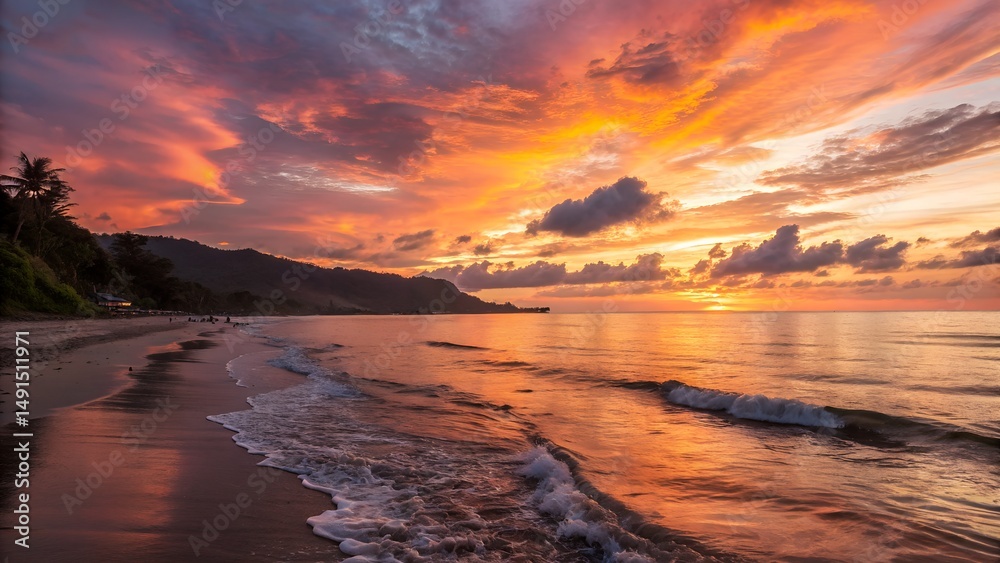 Fototapeta premium Vivid Coastal Sunset with Vibrant Sky and Reflective Ocean Waves for Scenic Beach Photography and Nature Inspiration