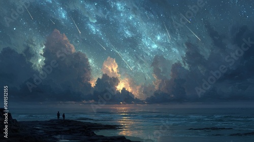 Two figures stand on a rocky shore, gazing at a breathtaking night sky filled with shooting stars and clouds