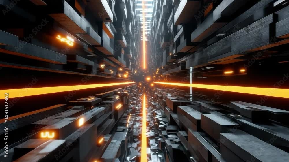 Futuristic digital tunnel with glowing orange lines and dark metallic blocks creating dynamic and immersive sci fi atmosphere with abstract light and advanced technology block design