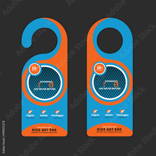 Door Hanger Design Template for Holidays, Tourism, Travel, and Adventure Packages. Perfect for Vacation Deals, Travel Agencies, and Tour Operators to Advertise Special Offers and Discounts