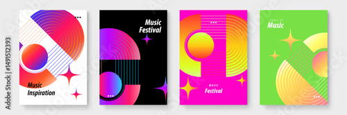 Four colorful posters with abstract shapes and music text, suitable for promotions, events, music festivals, and artsy designs.