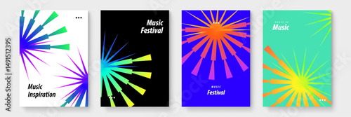 Four colorful abstract posters with music related text; perfect for advertising music festivals, concerts, or music themed events. Great for promotional materials.