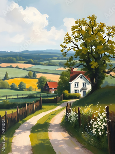 Countryside painting, Rural landscape, Village painting, Country home art, Farmhouse scene, Countryside cottage, Rustic painting, Fields and hills, Scenic countryside, Meadow landscape, Peaceful villa