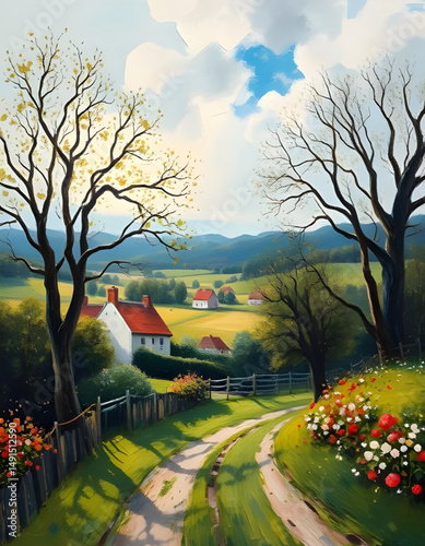 Countryside painting, Rural landscape, Village painting, Country home art, Farmhouse scene, Countryside cottage, Rustic painting, Fields and hills, Scenic countryside, Meadow landscape, Peaceful villa