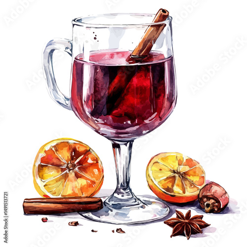 Glass Of Mulled Wine With Spices, watercolor clipart vector, high quality, isolated on a white background.