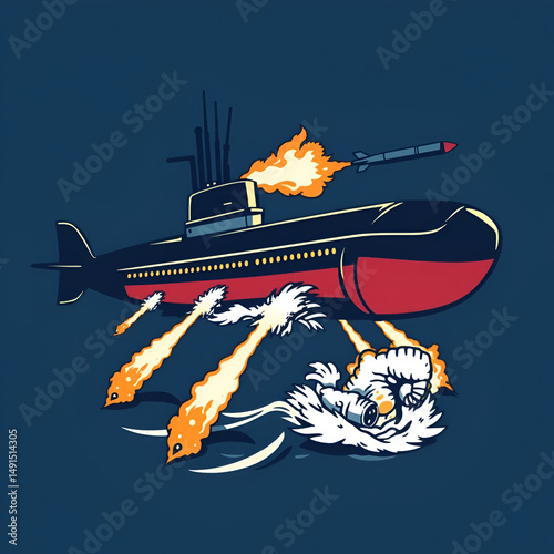 Military Submarine Fires Torpedoes Missile Attack
 Design Lover Art Vector Illustration Card T-Shirt Poster Sticker Graphic Print Decorative Drawing Isolated Logo Decoration Symbol Creative Cool Style