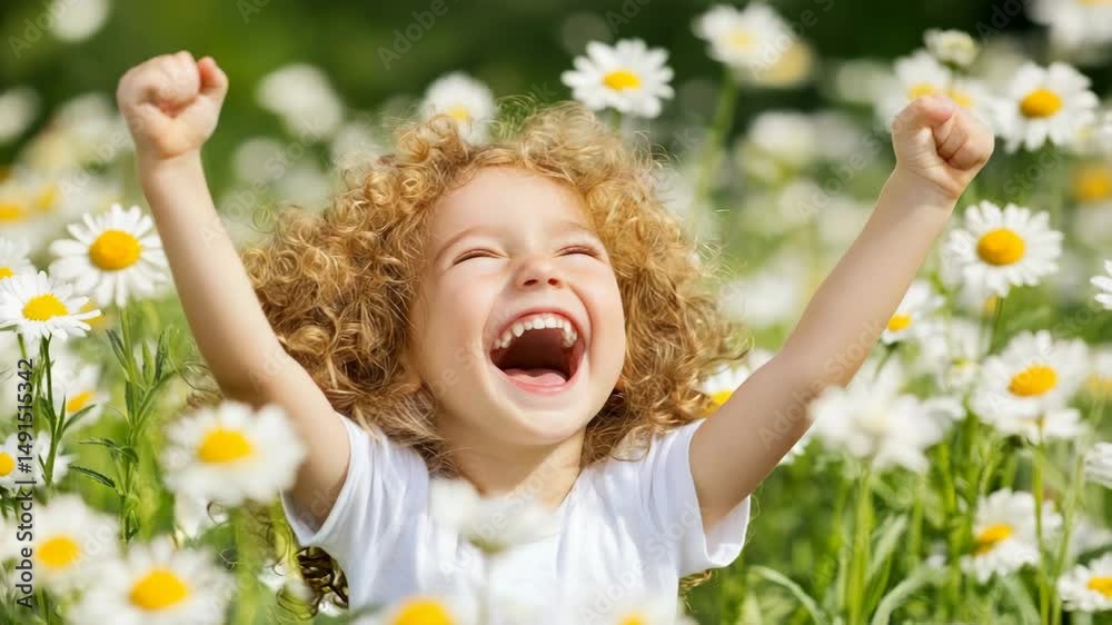 A joyful curly-haired child laughs with arms raised, standing in a field of blooming daisies on a sunny day. A joyful curly-haired child laughs with arms raised, standing in a field of blooming daisies on a sunny day.