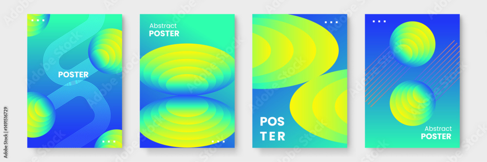 Four posters featuring abstract yellow and green circles on a blue background. Great for modern interior design projects or artistic displays.