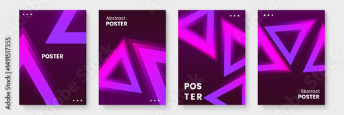 Eye catching set of vibrant purple posters with pink and blue triangles