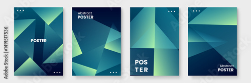 Four abstract geometric posters with green and blue gradients suitable for modern interior decor, digital backgrounds, and print materials.