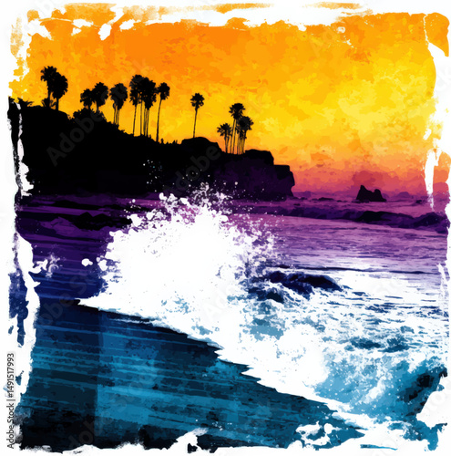 Vibrant Watercolor Beach Sunset with Palm Trees, Ocean Waves Crashing on Shore, Tropical Coastline Silhouette Art