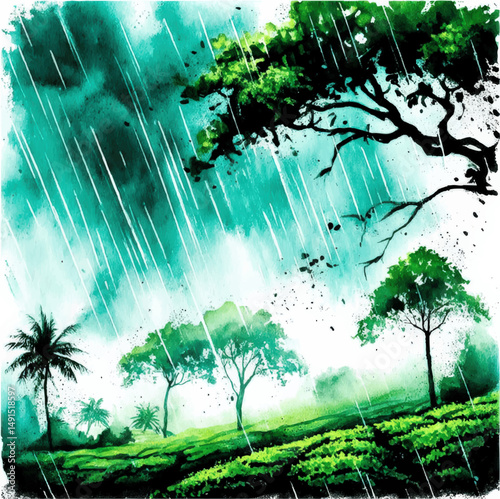 Vibrant Watercolor Landscape of Trees in Heavy Rainfall, Lush Green Nature Illustration, Monsoon Season Art Background