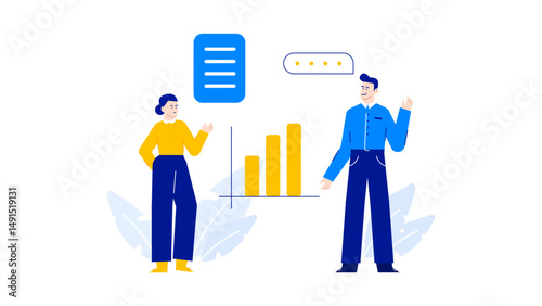 Woman and a man discussing a bar graph, suitable for business presentations, market analysis, teamwork concepts, office discussions, and financial reports.