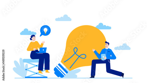 Two people discussing with a lightbulb idea for brainstorming. Suitable for presentations, marketing materials, or innovative concepts in business.