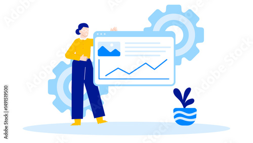Informative woman showing a blue line graph on a projection screen for presentations, business reports, financial analysis, data analysis concepts.