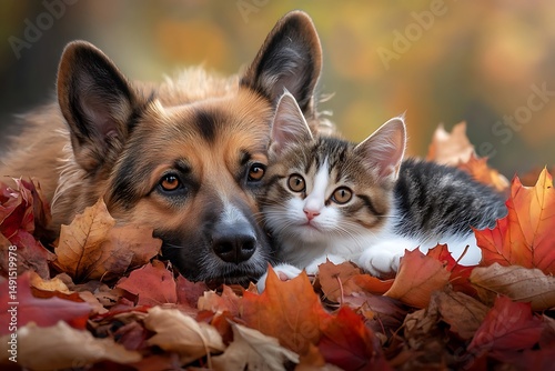 Playful dog and cat together in colorful autumn leaves outdoor setting pet photography warm atmosphere close-up view