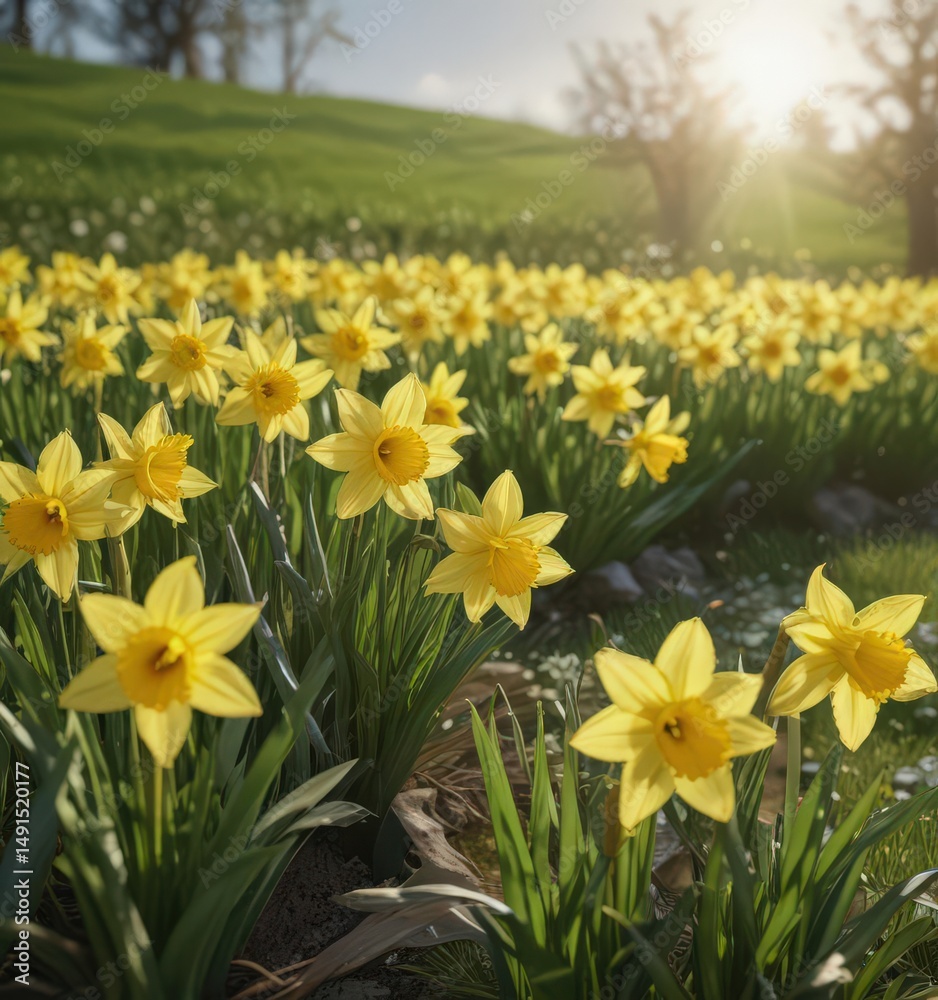 Obraz premium Close-up of cheerful daffodils basking in sunlight, green field background , outdoor photography, meadow