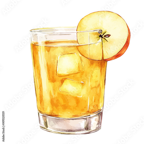 Glass Of Apple Juice With An Apple Slice, watercolor clipart vector, high quality, isolated on a white background.