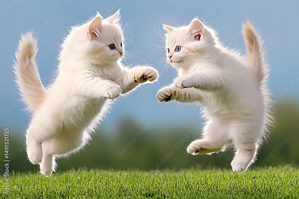 Obraz premium Playful white kittens jumping in green grass outdoor scene photography natural environment close-up view