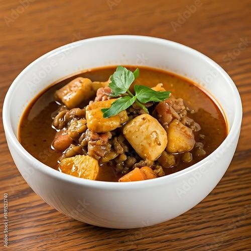 Antiguan pepperpot stew in white ceramic bowl.