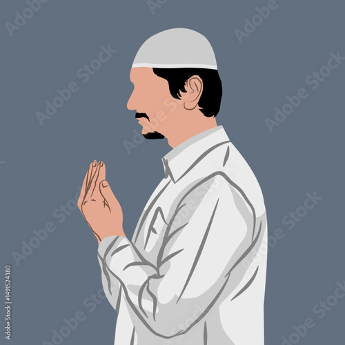 Vector illustration of a Muslim man praying with his palms raised while asking God for help. Faceless human vector