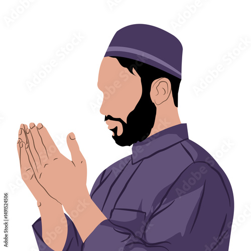 Vector illustration of a Muslim man praying with his palms raised while asking God for help. Faceless human vector