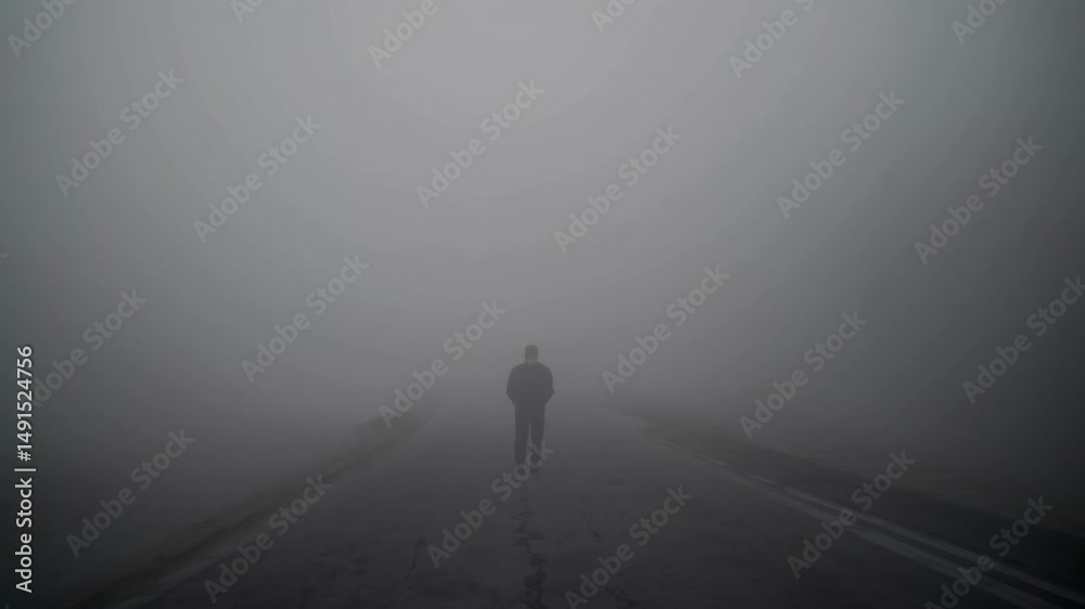 solitary man traversing desolate road, enveloped by dense fog, embodying mysterious journey through ethereal moody landscape with haunting atmospheric tension