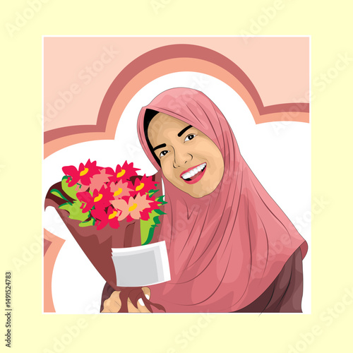 vector of woman wearing hijab and holding flowers while smiling