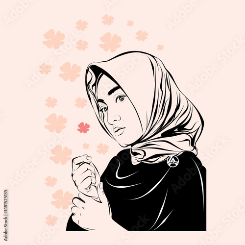 vector of woman wearing hijab and veil, wearing headphones, holding flowers while smiling