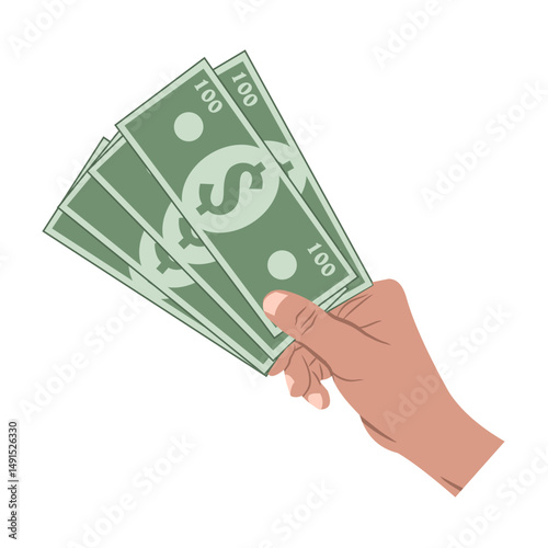 Vector illustration of Hand holding dollar bills. Several hundred dollar bills.