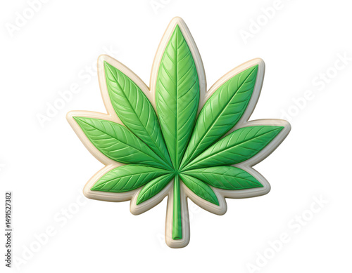 A vibrant green cannabis leaf design with intricate vein details and a stylized border is isolated against a clean white background providing high contrast.