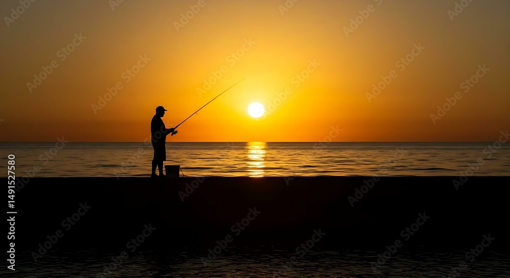 Fototapeta premium Fisherman Casting Line at Sunrise – Peaceful Nature and Outdoor Hobby Scene