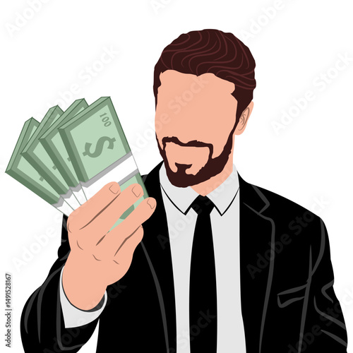 Vector illustration of a businessman holding dollar bills. Handsome businessman looks neat wearing a suit and tie.