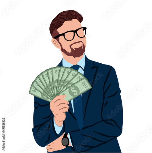 Vector illustration of a businessman holding dollar bills. Handsome businessman looks neat wearing a suit and tie.