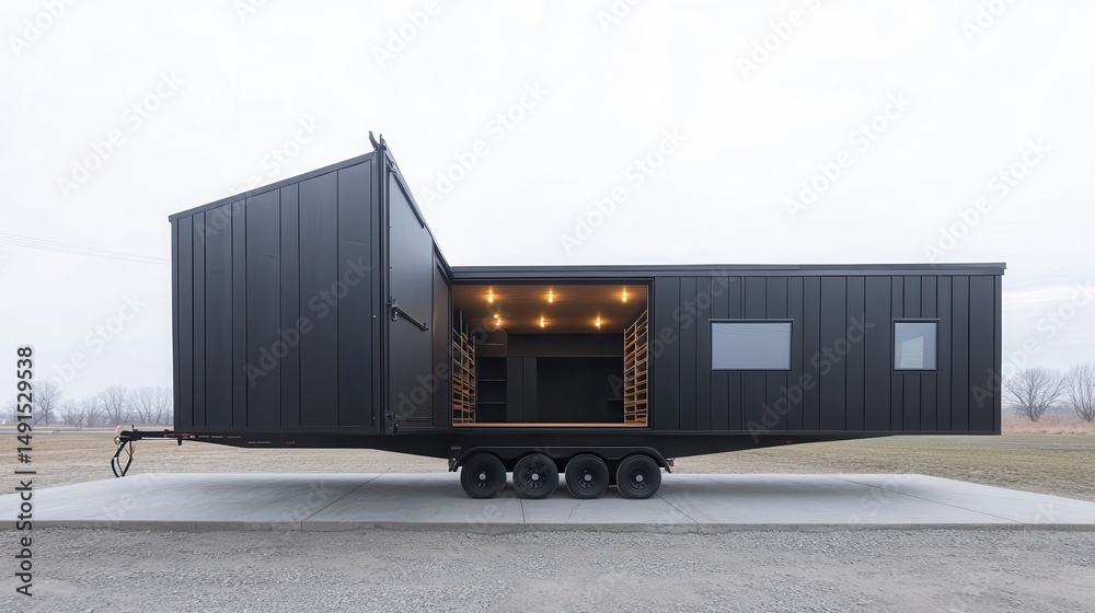 Fototapeta premium Modern modular home on a trailer, presented outdoors.
