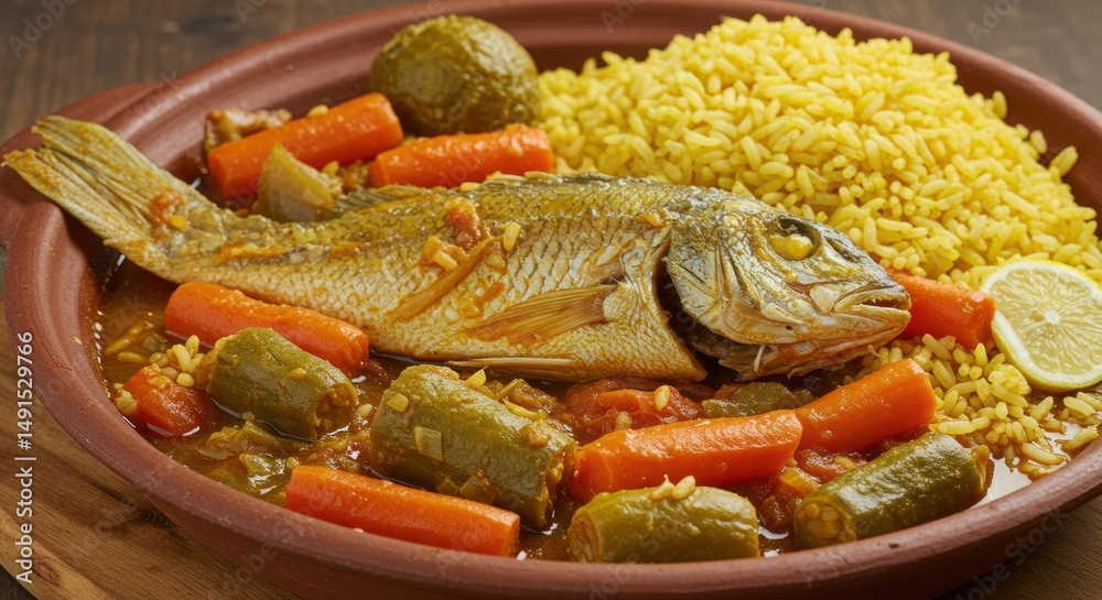 Delicious fish tajine with colorful vegetables and fluffy rice, a flavorful dish ready to be savored for an authentic culinary experience. Delicious fish tajine with colorful vegetables and fluffy rice, a flavorful dish ready to be savored for an authentic culinary experience.