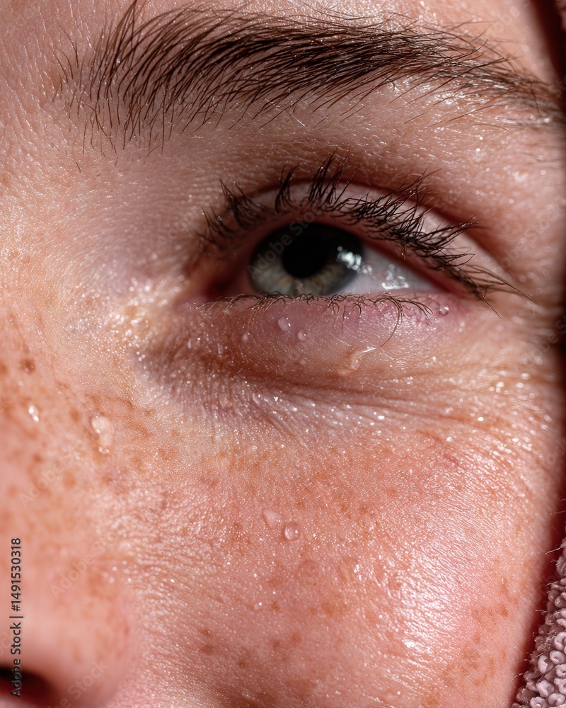 Obraz premium Extreme close-up of a young woman smiling with joyful tears, glowing skin in soft natural light, emotion captured in a quiet, radiant moment.