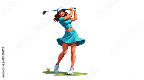 A dedicated golfer captured at the moment of a powerful swing on a pristine fairway. The golfer is mid-action as the club arcs gracefully toward a perfectly placed ball. Vector design illustration