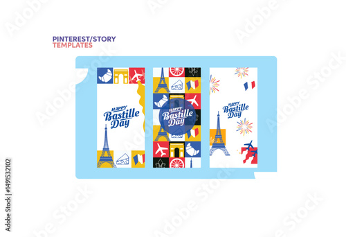 A vibrant flat-style graphic celebrating Bastille Day, featuring iconic French symbols like the Eiffel Tower, Arc de Triomphe, croissant, cheese, fleur-de-lis, and French flag, with "Happy Bastille Da