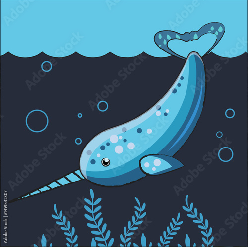 Vector image of a cartoon narwhal. Sea unicorn, toothed whale. A mammal with a long tooth.
