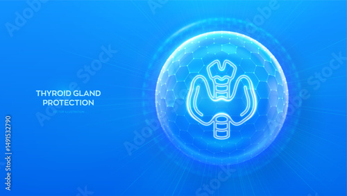 Thyroid gland protection. Raising awareness and preventing thyroid gland diseases. Thyroid gland icon inside protection sphere shield with hexagon pattern on blue background. Vector illustration.