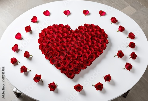On the table there is a heart made of roses with petals on it