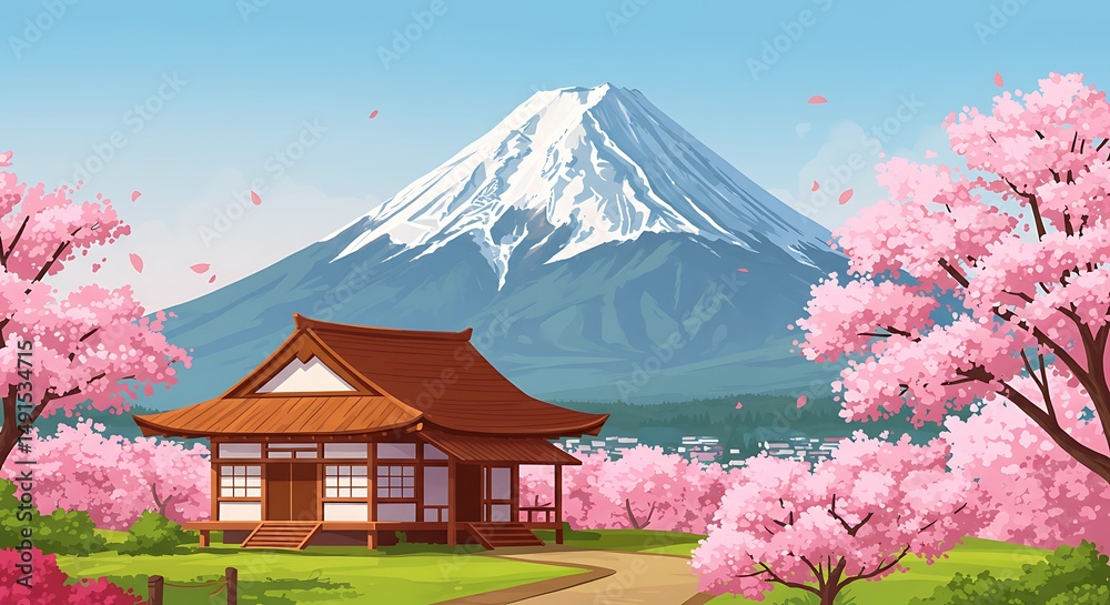 Fototapeta premium Traditional Japanese Temple with Cherry Blossoms and Scenic Mount Fuji View variation 3