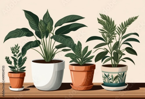 There are three potted plants on the table with a wall behind them