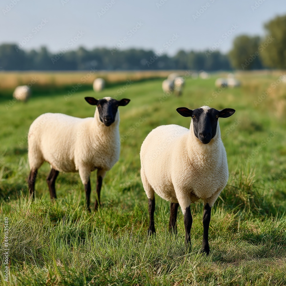 Naklejka premium Two Adorable Sheep Standing on Green Grass in a Natural Pastoral Landscape with Soft Light and a Peaceful Atmosphere Perfect for Farm-Themed Imagery