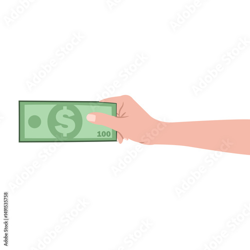 Vector illustration of a hand holding a dollar bill. 100 dollar banknotes