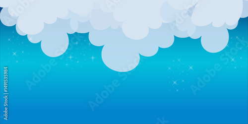 Night sky background with clouds and stars. Vector magic space illustration. Dreamy blue gradient galaxy. Cartoon cosmic fantasy universe landscape