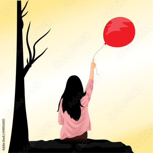 Vector woman sitting under a tree holding a balloon