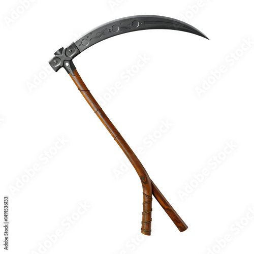 Long-blade scythe with wooden handle isolated transparent background