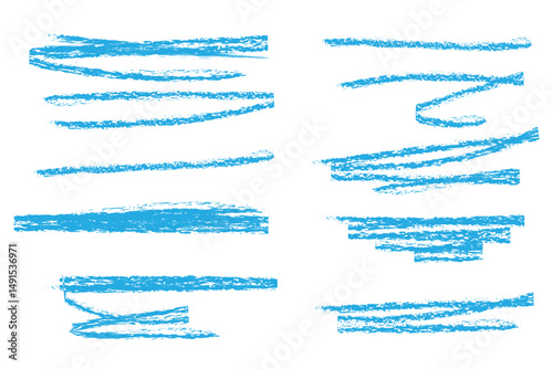 Pastel underline color crayon set - horizontal hand drawn chalk, marker or pencil highlighter strokes with rough textured edges. Design elements for emphasizing text lines and decorative accents